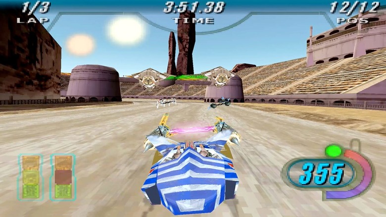 Anakain Skywalker approaches the finish line on Tatooine in Star Wars Episode I: Racer