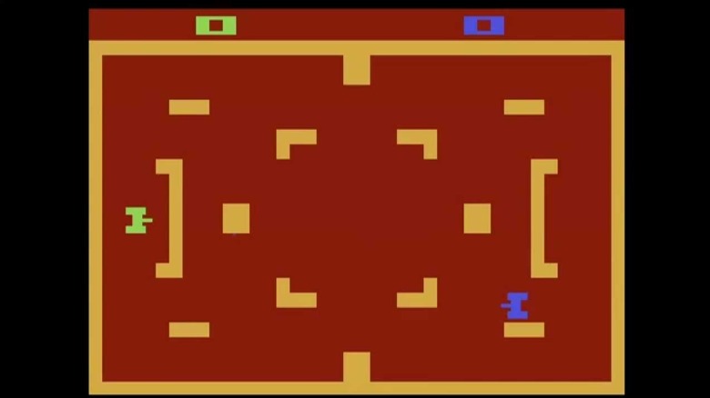 A green tank and blue tank face each other in Combat