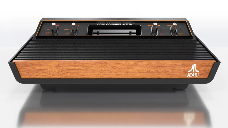 A front-facing look at an Atari 2600 console