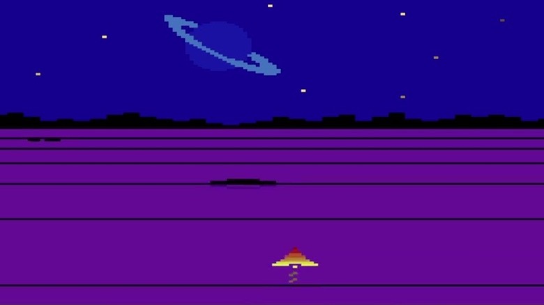 A small space flies over a purple planet's surface in Solaris
