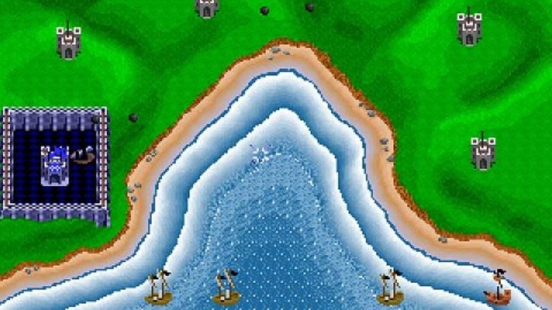 A fleet of warships approach fortresses along the coast in Rampart