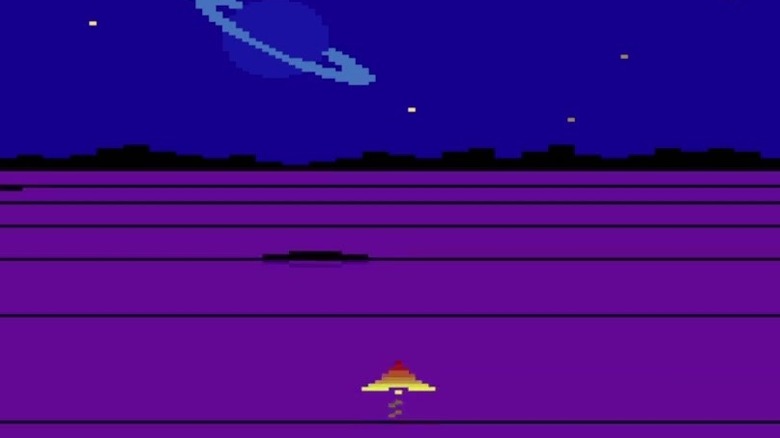 A spaceship flies across a planet with a purple surface in Solaris