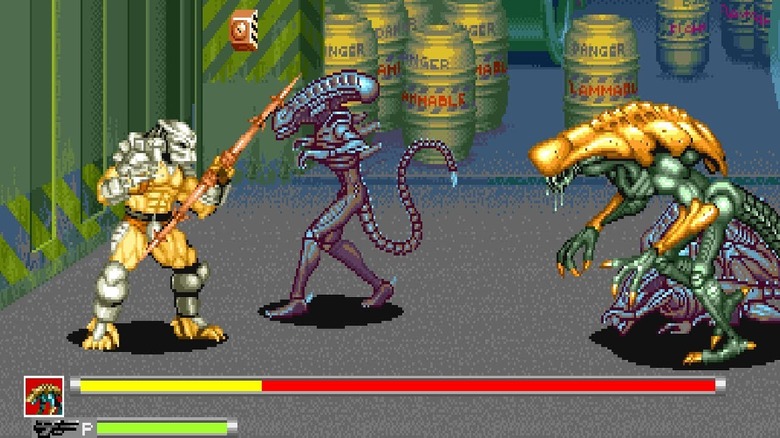A predator faces a group of xenomorphs in Alien vs. Predator (1994)