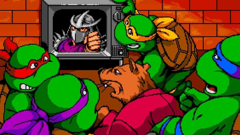 The Ninja Turtles and Splinter watch Shredder on TV in Teenage Mutant Ninja Turtles: Turtles in Time