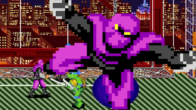 Leonardo throws a Foot Soldier at the screen in Teenage Mutant Ninja Turtles: Turtles in Time
