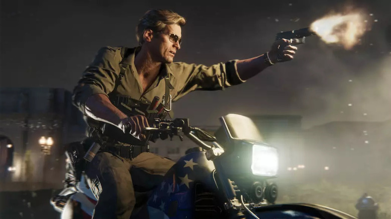 A soldier fires a pistol while riding a motorcycle in Call of Duty: Black Ops 6