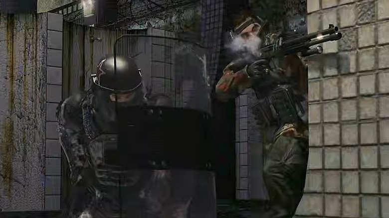 A riot shield guard and shotgun soldier in the gulag level from Modern Warfare 2