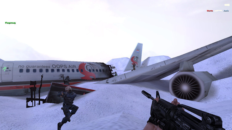 Soldiers fight near a downed jetliner in the arctic in Counter-Strike: Condition Zero