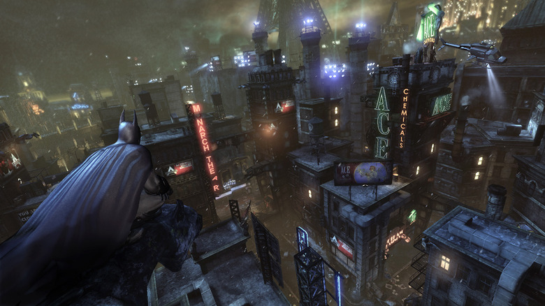 Batman overlooks Gotham City in Batman: Arkham City