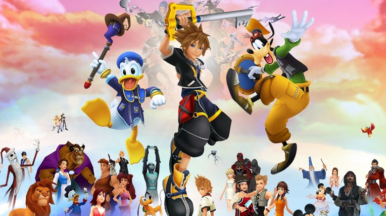 Donald Duck, Sora, and Goofy jumping over several Disney characters in art work for Kingdom Hearts II