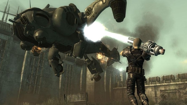 A character blasts a dropship with a Tesla coil in Fallout 3