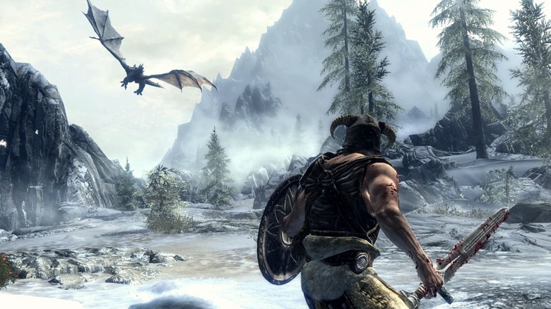 The player character holds a shield and sword preparing for a swooping dragon in "The Elder Scrolls V: Skyrim" (2011)