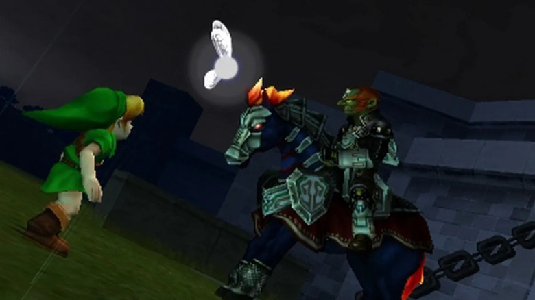 Link and Navi face Ganondorf mounted on an armored horse in "The Legend of Zelda: Ocarina of Time" (1998)