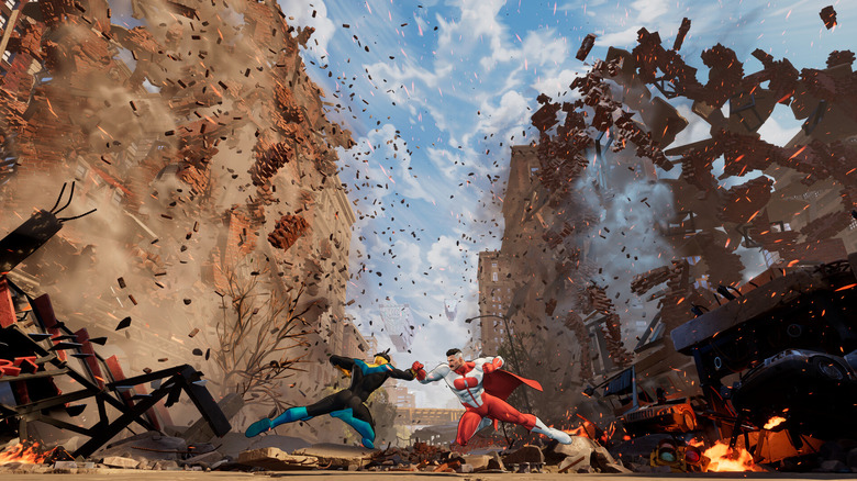 Invincible and Omni-Man clash in a city in Invincible VS