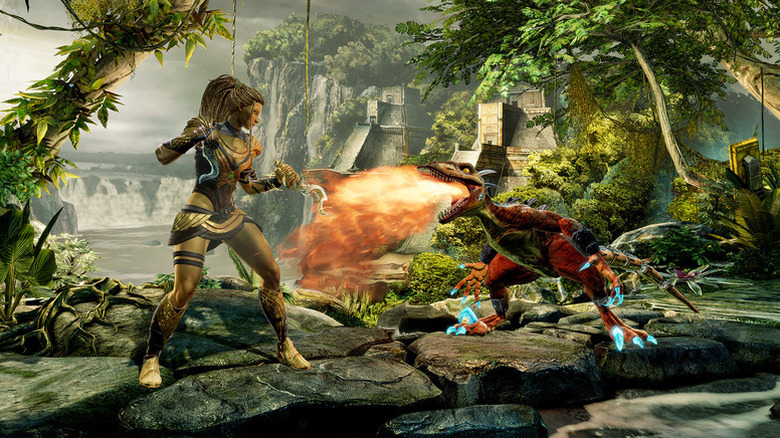 Riptor breathes fire at Maya in Killer Instinct (2013)