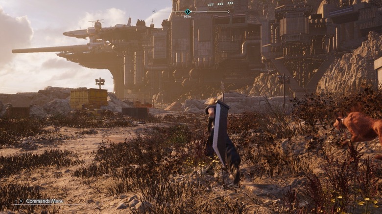 Cloud Strife runs across a dusty clearing during dusk in Final Fantasy VII Rebirth