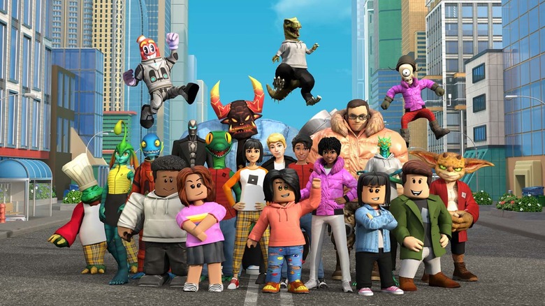 Roblox avatars standing in a group