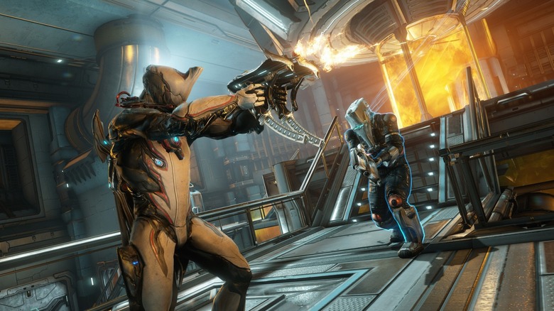 A Tenno warrior firing some guns in Warframe