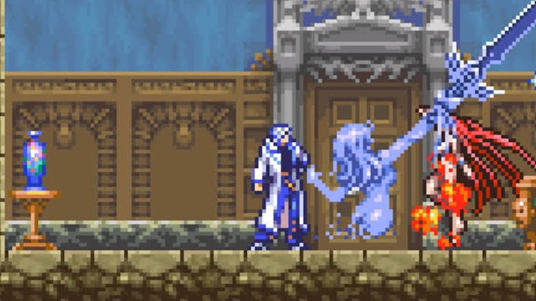 Soma attacking a succubus in "Castlevania: Aria of Sorrow" (2003)