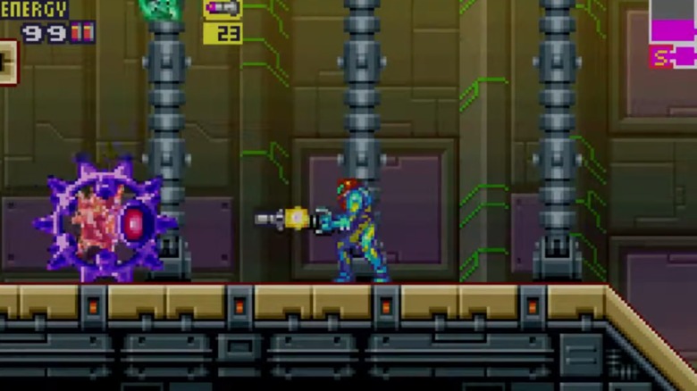 Samus shooting an alien in "Metroid Fusion" (2002)