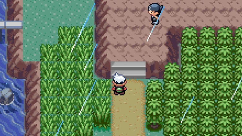 Player walking up outdoor stairs in "Pokemon Emerald" (2004)