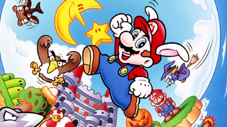 Mario with bunny ears leaps in front of Mario Land on the cover art for Super Mario Land 2: 6 Golden Coins