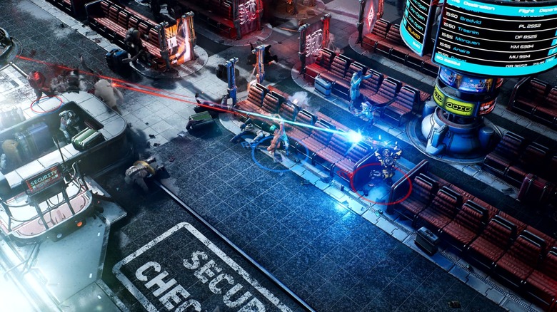 Player shooting enemies in train station in The Ascent