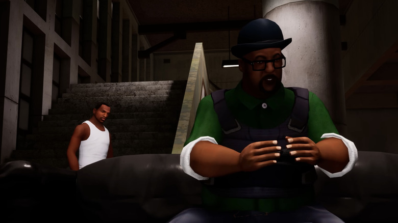 Carl "CJ" Johnson stands behind Melvin "Big Smoke" Harris in a cutscene from the final mission in Grand Theft Auto San Andreas