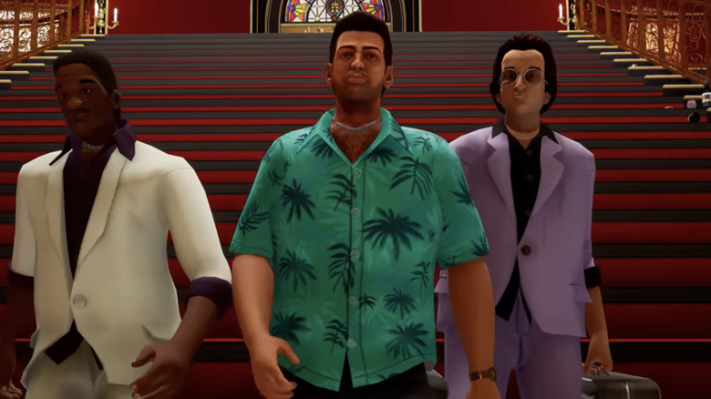 Tommy Vercetti, Lance Vance, and Ken Rosenberg walk down a stairway in Grand Theft Auto Vice City