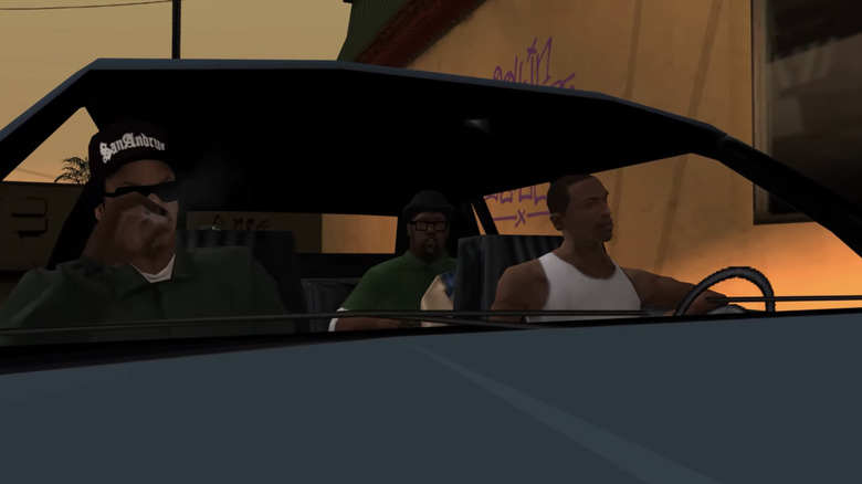 Carl "CJ" Johnson sits in a car with his friends in Grand Theft Auto San Andreas