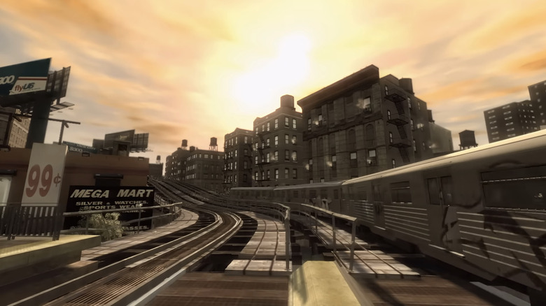 Liberty City is seen from the perspective of a train track in Grand Theft Auto IV