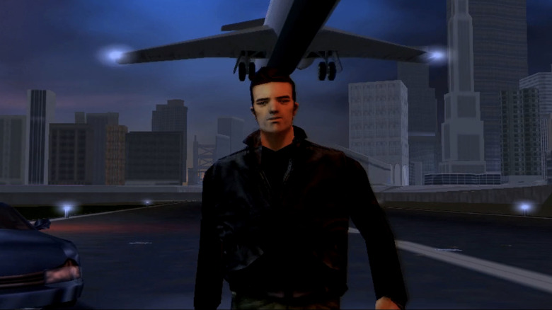 Claude walks under an airplane in Grand Theft Auto III