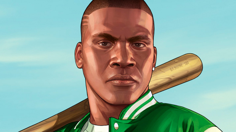 Franklin Clinton is seen against a blue sky in promotional art for Grand Theft Auto V