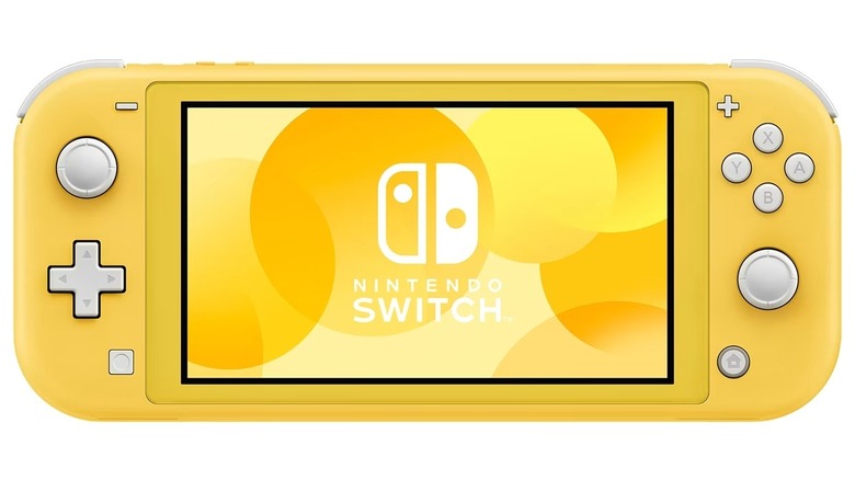 A yellow Nintendo Switch Lite sits on a white background