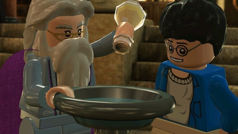 Harry Potter watches Albus Dumbledore prepare the pensieve in LEGO Harry Potter: Years 5-7