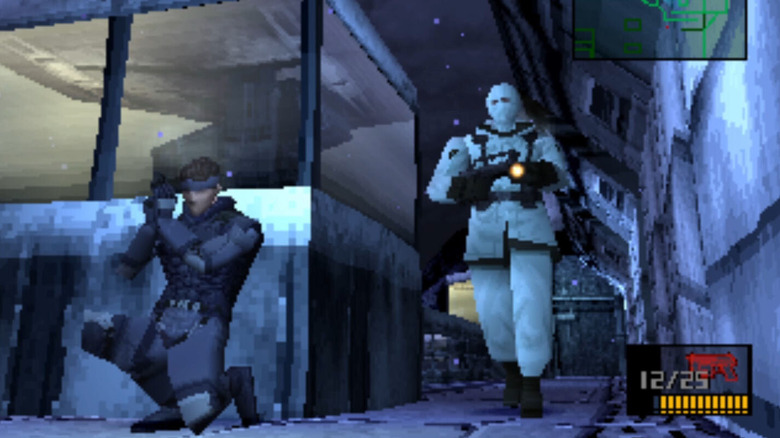 Solid Snake hides behind a corner as a soldier approaches in Metal Gear Solid
