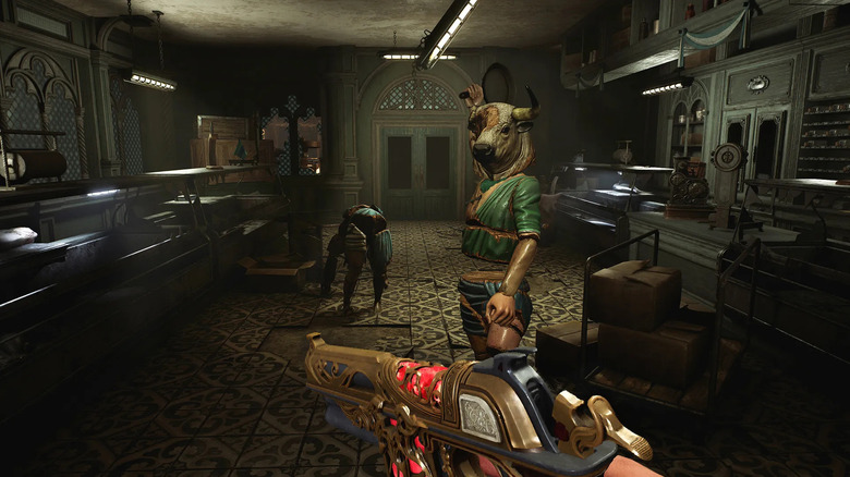 Gabriel Escudero faces two automatons with a blood-loaded pistol in Crisol: Theater of Idols