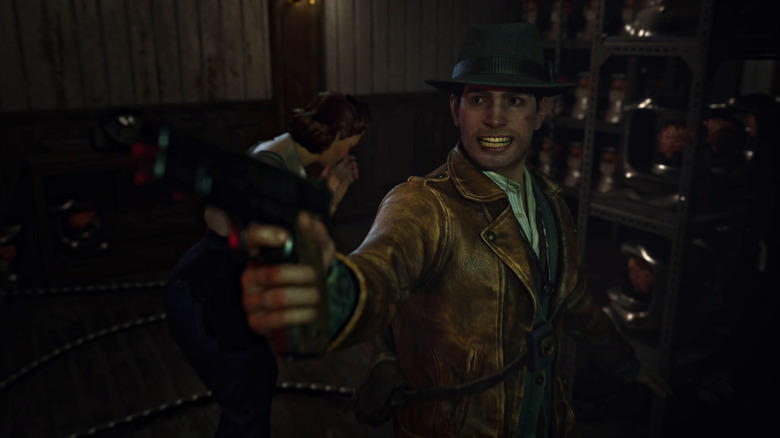 Calvin Rafferty triumphantly holds a statue in The Sinking City 2