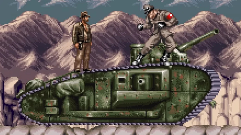 Indiana Jones faces a Nazi officer on a World War I era tank in Indiana Jones' Greatest Adventures