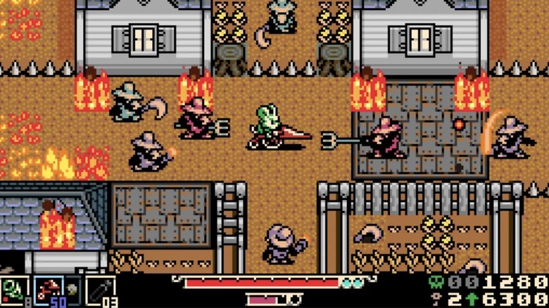 Mina rides a bicycle through a burning village surrounded by enemies in Mina the Hollower