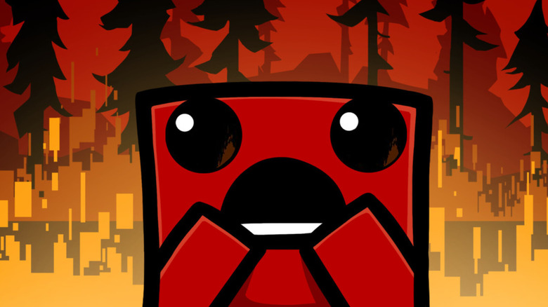 Meat Boy reacts in shock in promotional artwork for Super Meat Boy