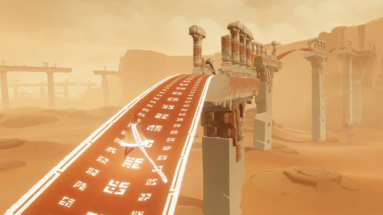 The player character travels up a long carpet in Journey (2012)