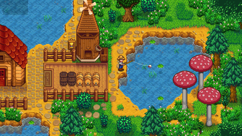 The player character fishes at a pond in Stardew Valley