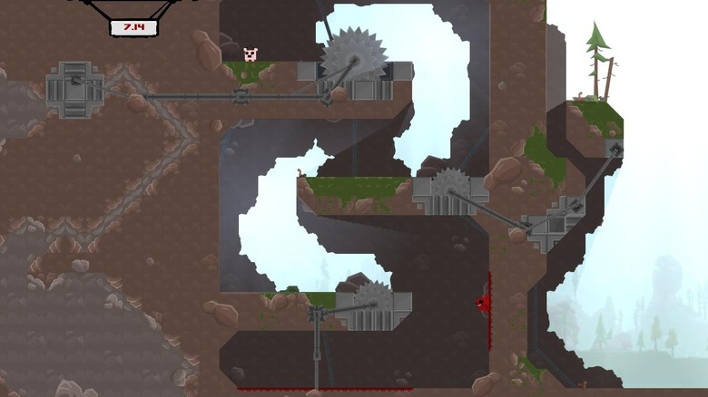 Meat Boy sticks in a red wall while avoid large buzzsaws in Super Meat Boy