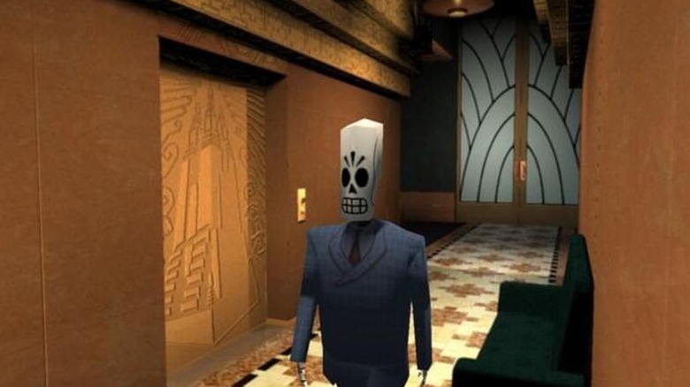 Manny Calavera walks by an elevator in Grim Fandango