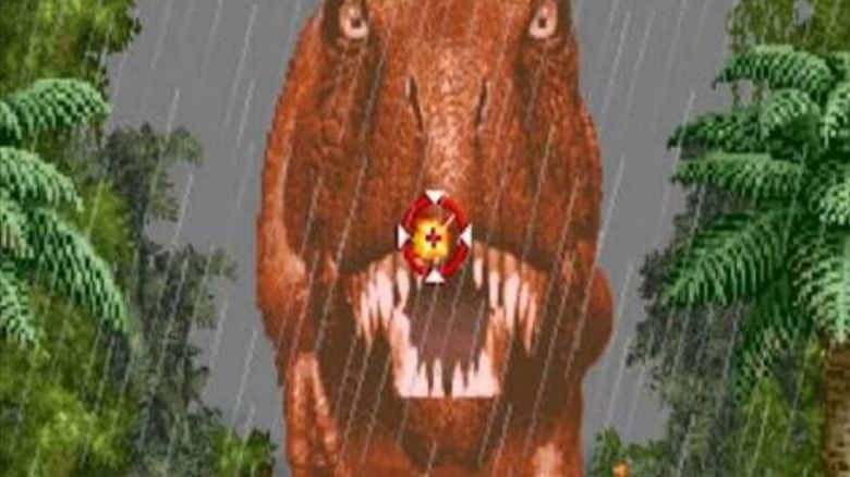 A player blasts an incoming T-Rex in Jurassic Park