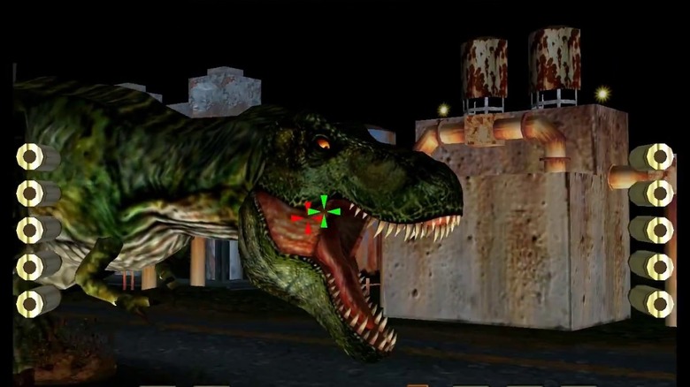 Players blast a roaring T-Rex in The Lost World: Jurassic Park