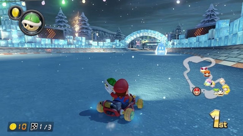 Mario holding a shell in Mario Kart 8 Deluxe