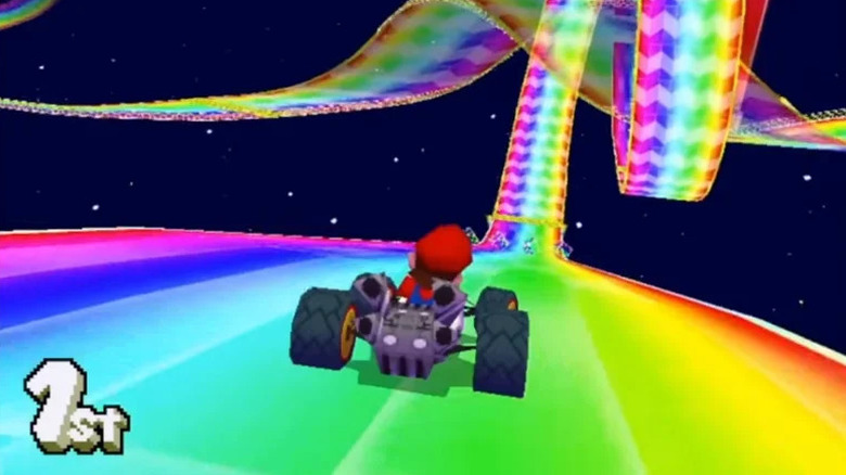 Mario races down Rainbow Road in Mario Kart DS