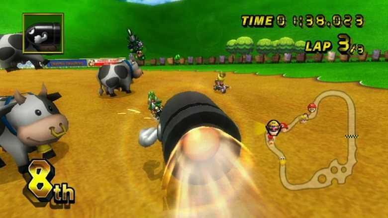 A Bullet Bill races past cows in Mario Kart Wii